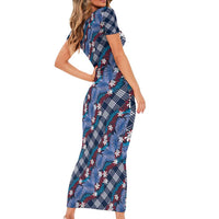 Polynesian Monstera Tiare Floral Short Sleeve Bodycon Dress Royal Blue Tropical Plaid LT01 - Polynesian Pride