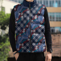 Polynesian Monstera Tiare Floral Sleeveless Puffer Jacket Royal Blue Tropical Plaid LT01 - Polynesian Pride