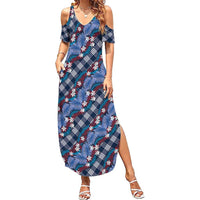 Polynesian Monstera Tiare Floral Summer Maxi Dress Royal Blue Tropical Plaid - Polynesian Pride