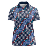Polynesian Monstera Tiare Floral Women Polo Shirt Royal Blue Tropical Plaid LT01 Female Blue - Polynesian Pride