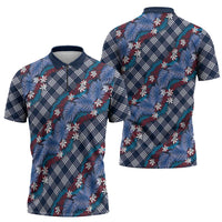 Polynesian Monstera Tiare Floral Zipper Polo Shirt Royal Blue Tropical Plaid LT01 - Polynesian Pride