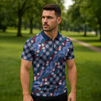 Polynesian Monstera Tiare Floral Zipper Polo Shirt Royal Blue Tropical Plaid LT01 - Polynesian Pride