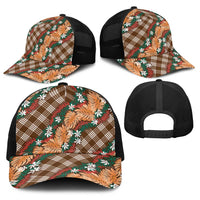 Polynesian Monstera Tiare Floral Baseball Net Cap Chocolate Brown Tropical Plaid LT01 - Polynesian Pride