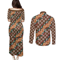 Polynesian Monstera Tiare Floral Couples Matching Puletasi and Long Sleeve Button Shirt Chocolate Brown Tropical Plaid LT01 - Polynesian Pride