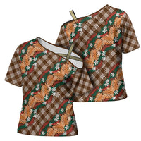 Polynesian Monstera Tiare Floral Cross Shoulder Shirt Chocolate Brown Tropical Plaid LT01 - Polynesian Pride