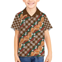 Polynesian Monstera Tiare Floral Family Matching Off The Shoulder Long Sleeve Dress and Hawaiian Shirt Chocolate Brown Tropical Plaid - Polynesian Pride