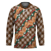 Polynesian Monstera Tiare Floral Hockey Jersey Chocolate Brown Tropical Plaid - Polynesian Pride