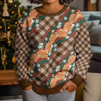 Polynesian Monstera Tiare Floral Kid Ugly Christmas Sweater Chocolate Brown Tropical Plaid LT01 - Polynesian Pride