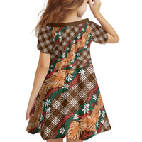 Polynesian Monstera Tiare Floral Kid Short Sleeve Dress Chocolate Brown Tropical Plaid LT01 - Polynesian Pride