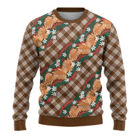 Polynesian Monstera Tiare Floral Ugly Christmas Sweater Chocolate Brown Tropical Plaid - Polynesian Pride