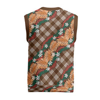 Polynesian Monstera Tiare Floral Christmas Knitted V-Neck Vest Chocolate Brown Tropical Plaid LT01 - Polynesian Pride