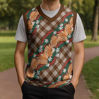 Polynesian Monstera Tiare Floral Christmas Knitted V-Neck Vest Chocolate Brown Tropical Plaid LT01 - Polynesian Pride