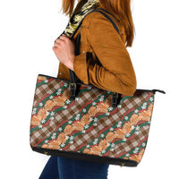 Polynesian Monstera Tiare Floral Leather Tote Bag Chocolate Brown Tropical Plaid - Polynesian Pride