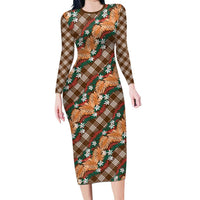 Polynesian Monstera Tiare Floral Long Sleeve Bodycon Dress Chocolate Brown Tropical Plaid - Polynesian Pride
