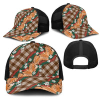 Polynesian Monstera Tiare Floral Mesh Trucker Cap Chocolate Brown Tropical Plaid LT01 - Polynesian Pride