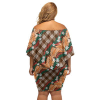 Polynesian Monstera Tiare Floral Off Shoulder Short Dress Chocolate Brown Tropical Plaid LT01 - Polynesian Pride
