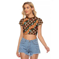 Polynesian Monstera Tiare Floral Raglan Cropped T Shirt Chocolate Brown Tropical Plaid LT01 Female Brown - Polynesian Pride