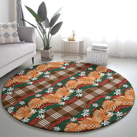 Polynesian Monstera Tiare Floral Round Carpet Chocolate Brown Tropical Plaid - Polynesian Pride