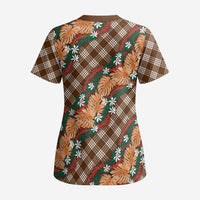 Polynesian Monstera Tiare Floral Scrub Top Chocolate Brown Tropical Plaid LT01 - Polynesian Pride