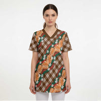 Polynesian Monstera Tiare Floral Scrub Top Chocolate Brown Tropical Plaid LT01 - Polynesian Pride