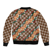 Polynesian Monstera Tiare Floral Sleeve Zip Bomber Jacket Chocolate Brown Tropical Plaid - Polynesian Pride