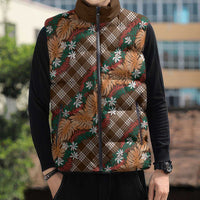 Polynesian Monstera Tiare Floral Sleeveless Puffer Jacket Chocolate Brown Tropical Plaid LT01 - Polynesian Pride