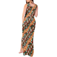 Polynesian Monstera Tiare Floral Tank Maxi Dress Chocolate Brown Tropical Plaid LT01 - Polynesian Pride