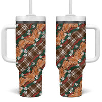 Polynesian Monstera Tiare Floral Tumbler With Handle Chocolate Brown Tropical Plaid - Polynesian Pride