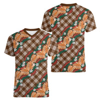 Polynesian Monstera Tiare Floral Women V-Neck T-Shirt Chocolate Brown Tropical Plaid LT01 - Polynesian Pride