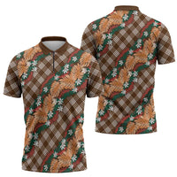 Polynesian Monstera Tiare Floral Zipper Polo Shirt Chocolate Brown Tropical Plaid LT01 - Polynesian Pride