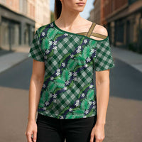 Polynesian Monstera Tiare Floral Cross Shoulder Shirt Forest Green Tropical Plaid LT01 - Polynesian Pride