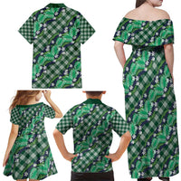 Polynesian Monstera Tiare Floral Family Matching Off Shoulder Maxi Dress and Hawaiian Shirt Forest Green Tropical Plaid - Polynesian Pride