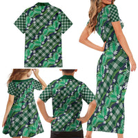 Polynesian Monstera Tiare Floral Family Matching Short Sleeve Bodycon Dress and Hawaiian Shirt Forest Green Tropical Plaid - Polynesian Pride