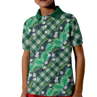 Polynesian Monstera Tiare Floral Kid Polo Shirt Forest Green Tropical Plaid LT01 Kid Green - Polynesian Pride