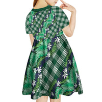 Polynesian Monstera Tiare Floral Kid Short Sleeve Dress Forest Green Tropical Plaid LT01 - Polynesian Pride