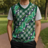 Polynesian Monstera Tiare Floral Christmas Knitted V-Neck Vest Forest Green Tropical Plaid LT01 - Polynesian Pride