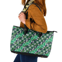 Polynesian Monstera Tiare Floral Leather Tote Bag Forest Green Tropical Plaid - Polynesian Pride