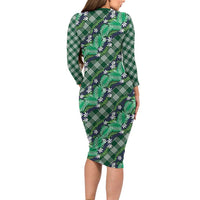 Polynesian Monstera Tiare Floral Long Sleeve Bodycon Dress Forest Green Tropical Plaid - Polynesian Pride