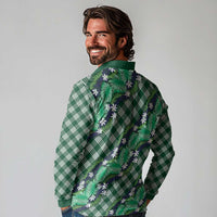 Polynesian Monstera Tiare Floral Long Sleeve Polo Shirt Forest Green Tropical Plaid LT01 - Polynesian Pride