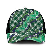 Polynesian Monstera Tiare Floral Mesh Trucker Cap Forest Green Tropical Plaid - Polynesian Pride