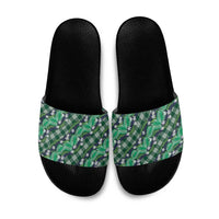 Polynesian Monstera Tiare Floral Slide Sandals Forest Green Tropical Plaid - Polynesian Pride