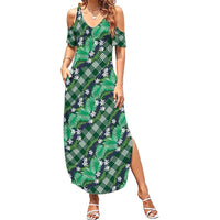 Polynesian Monstera Tiare Floral Summer Maxi Dress Forest Green Tropical Plaid - Polynesian Pride