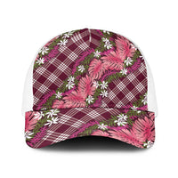 Polynesian Monstera Tiare Floral Baseball Net Cap Fuchsia Tropical Plaid - Polynesian Pride