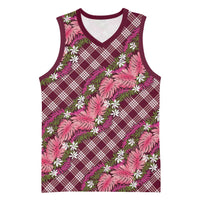 Polynesian Monstera Tiare Floral Basketball Jersey Fuchsia Tropical Plaid LT01 Unisex Pink - Polynesian Pride