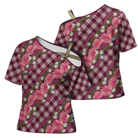 Polynesian Monstera Tiare Floral Cross Shoulder Shirt Fuchsia Tropical Plaid LT01 - Polynesian Pride