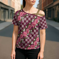 Polynesian Monstera Tiare Floral Cross Shoulder Shirt Fuchsia Tropical Plaid LT01 - Polynesian Pride