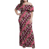 Polynesian Monstera Tiare Floral Family Matching Off Shoulder Maxi Dress and Hawaiian Shirt Fuchsia Tropical Plaid - Polynesian Pride