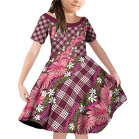 Polynesian Monstera Tiare Floral Family Matching Off Shoulder Short Dress and Hawaiian Shirt Fuchsia Tropical Plaid - Polynesian Pride