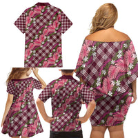 Polynesian Monstera Tiare Floral Family Matching Off Shoulder Short Dress and Hawaiian Shirt Fuchsia Tropical Plaid - Polynesian Pride