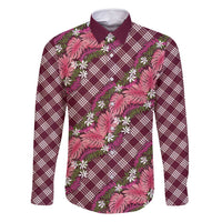 Polynesian Monstera Tiare Floral Family Matching Off Shoulder Short Dress and Hawaiian Shirt Fuchsia Tropical Plaid - Polynesian Pride